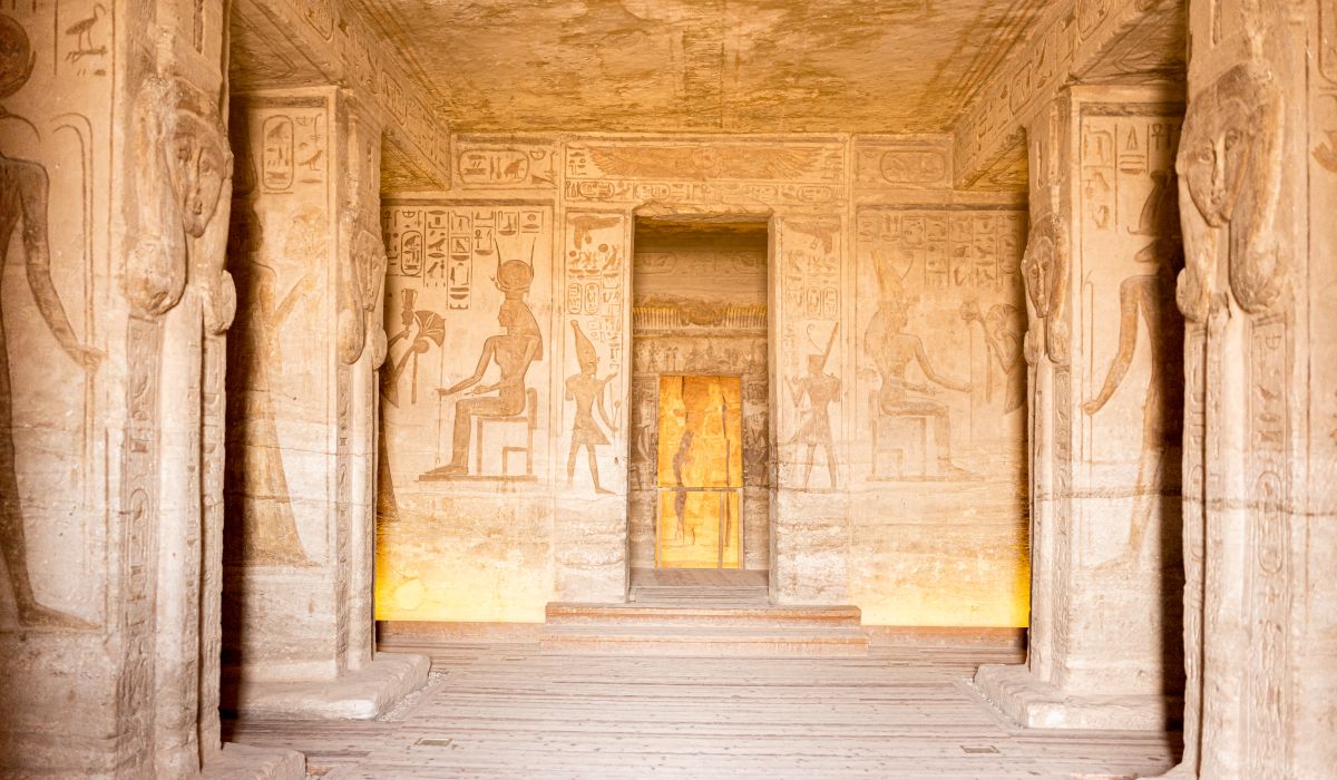 Entrance and door of the temple of Nefartiri in Abu Simbel in Egypt