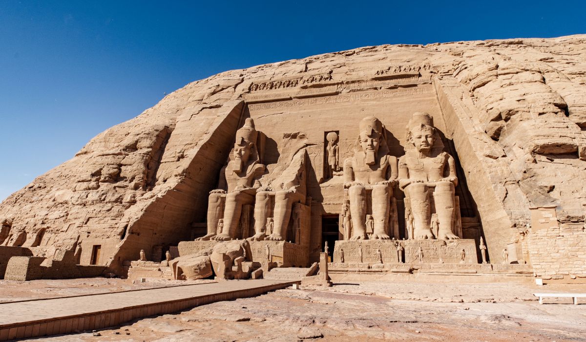 Panoramic view with the entrance to Abu Simbel Great Temple in Aswan Egypt